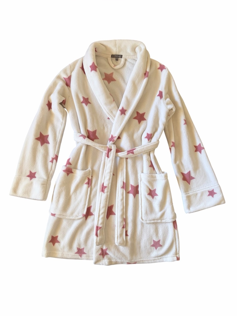 PJ Salvage cozy plush short white robe with shawl collar and big pink star print